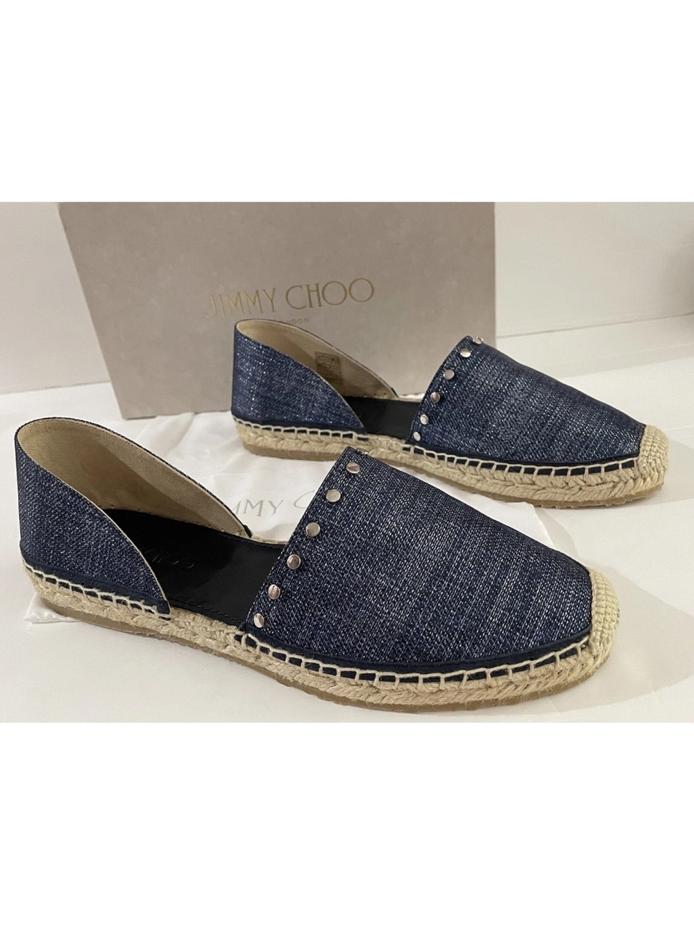 Jimmy Choo Dark Blue Denim Espadrille Flats with Stud Detail